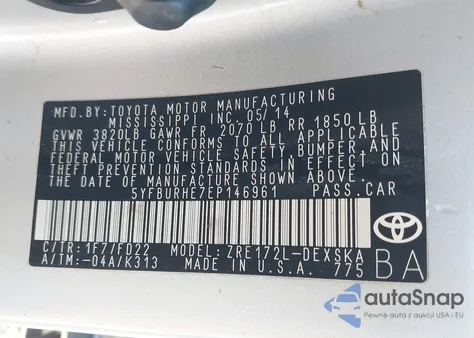 2014 Toyota Corolla S Plus из США, поврежденный, VIN 5YFBURHE7EP146961